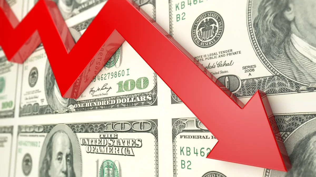 Red arrow pointing downward and dollar