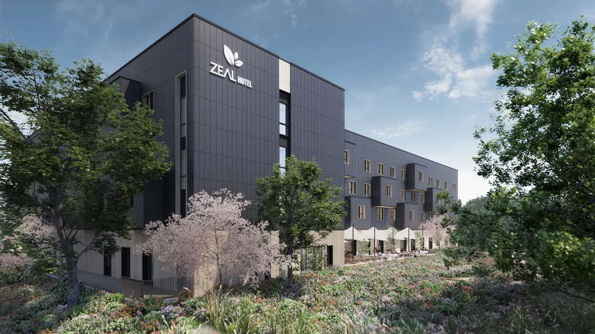 A rendering for Zeal Hotels' forthcoming net zero carbon hotel.