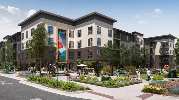 Rendering of a multifamily apartment building with a large colorful mural.