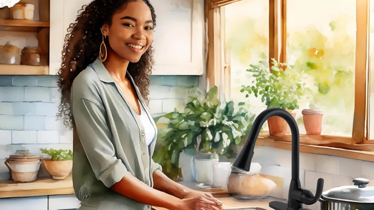 Woman smiling by the kitchen sink