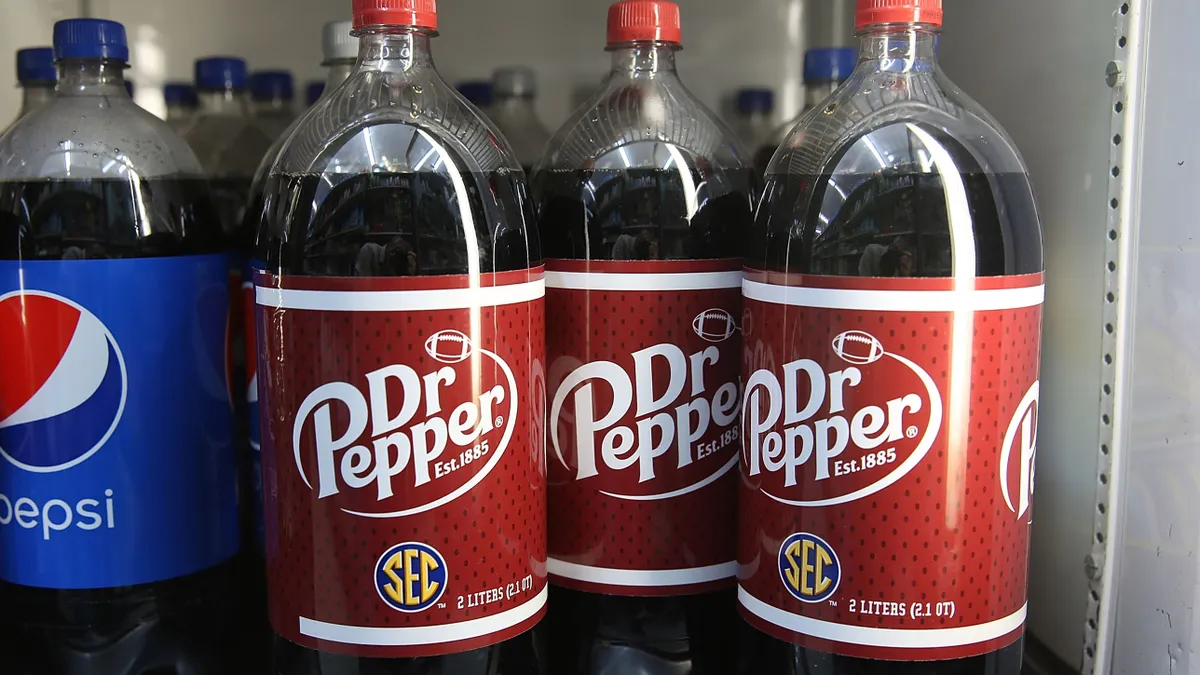 Dr Pepper soda bottles on shelf