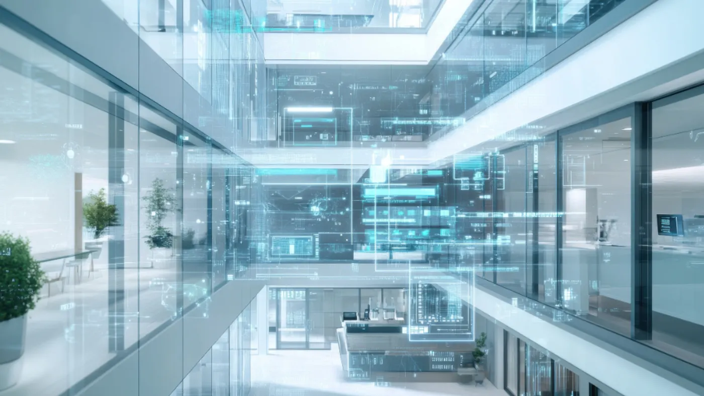 Modern office atrium with glass walls overlaid by futuristic digital data graphics.