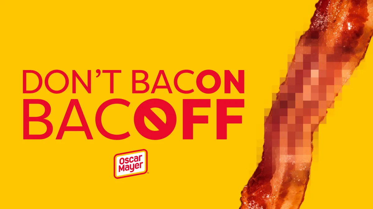 Oscar Mayer "BacOFF" campaign image for World Vegan Day featuring a piece of blurred out bacon.