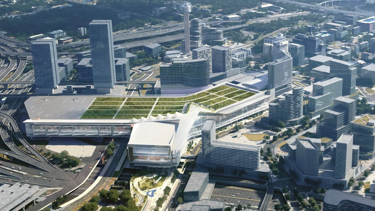 An illustrated aerial view of the Dallas Convention Center with a future vertiport.