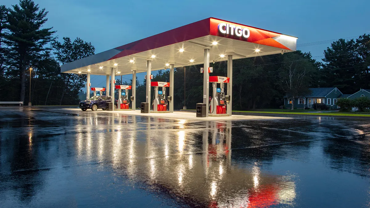 A photo of a Citgo fuel canopy at night.