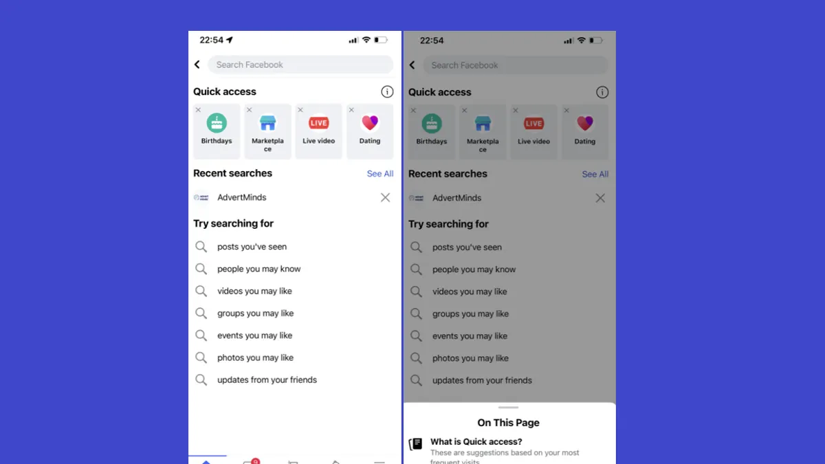 Facebook Quick Access links