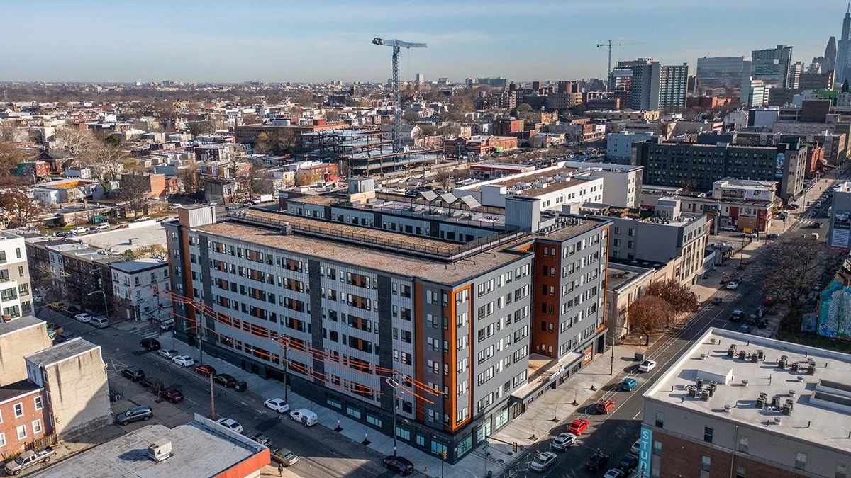 Aerial view of 4223 Chestnut in Philadelphia, a modular apartment building with market rate units.