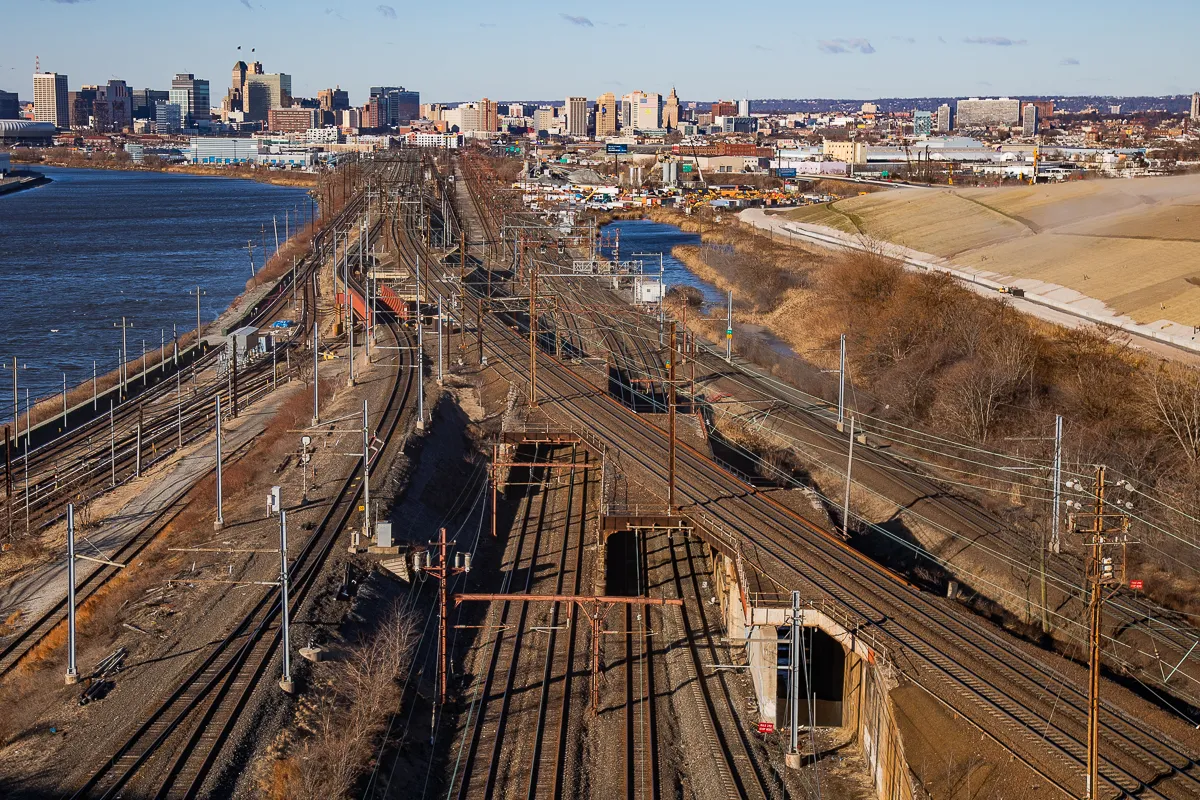 Aerial view of railroad tracks and bridges.