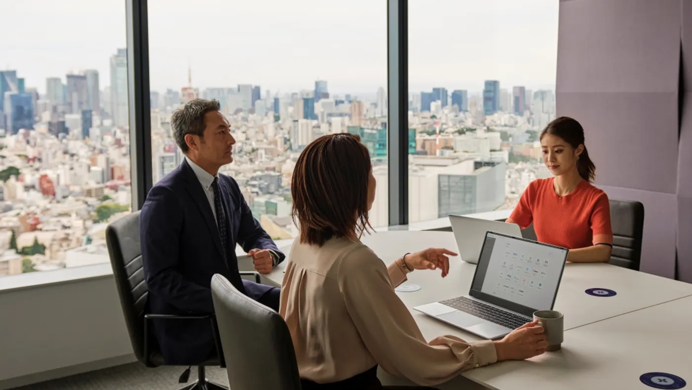 Three people in an office with a city skyline in view.