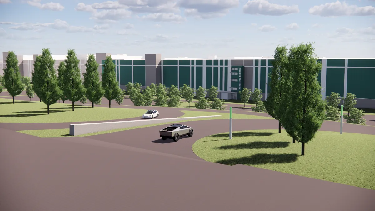 A rendering of Panasonic's upcoming manufacturing facility in De Soto, Kansas. With green grass, trees, and a building with one car coming out and one going out.