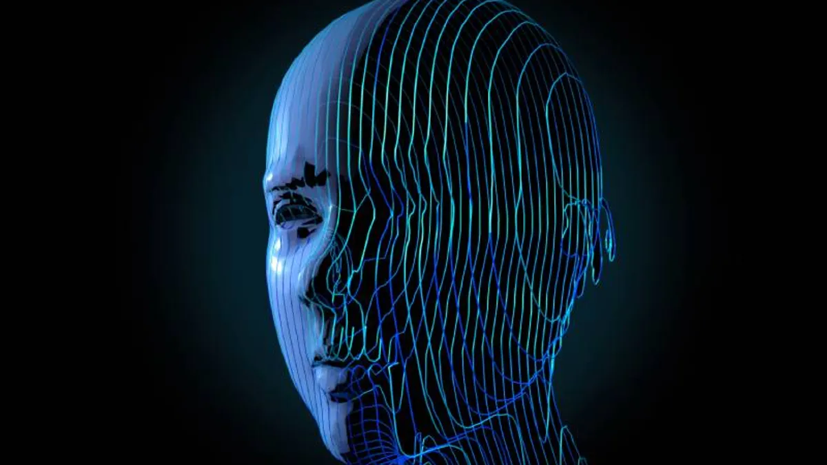 futuristic digitally generated human head with half of face having wiring under the skin