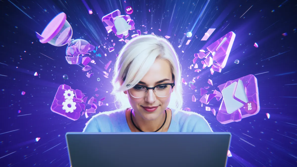 A woman with glasses looks at a laptop, surrounded by glowing purple digital icons and floating geometric fragments.