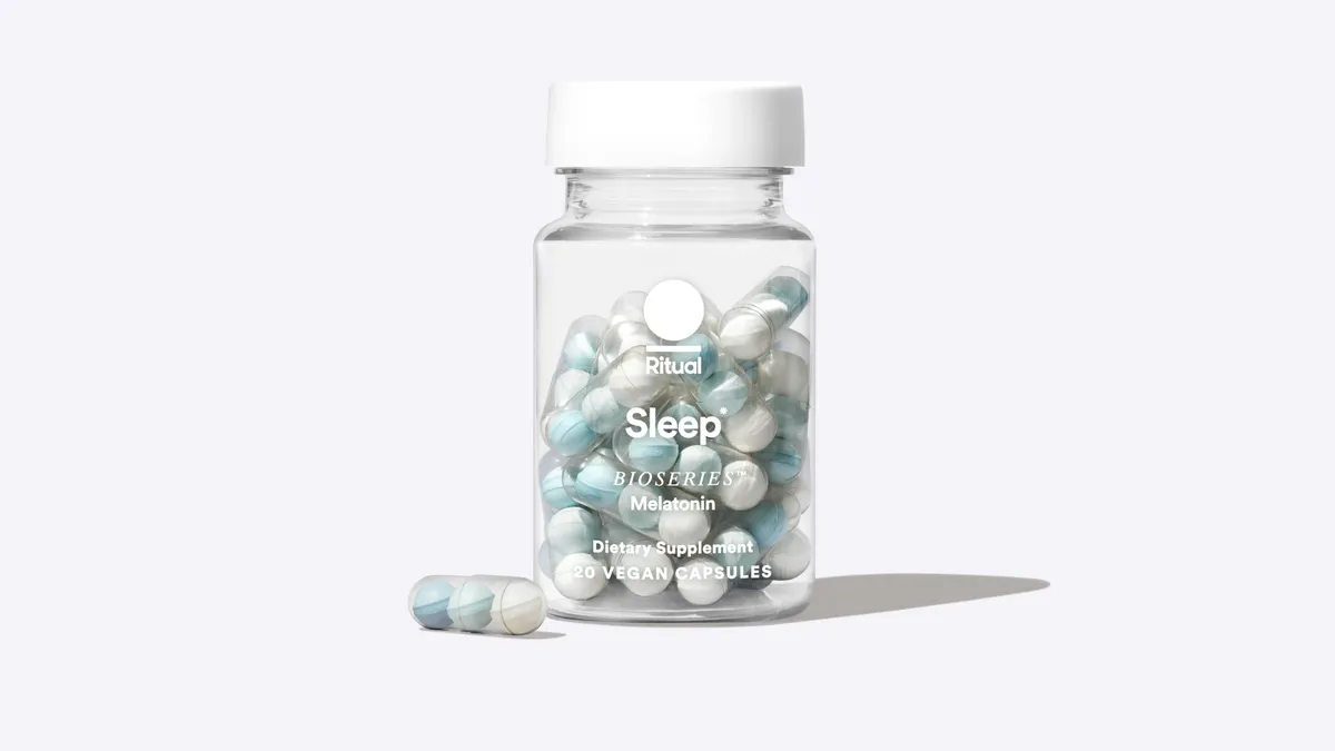 A bottle of Ritual's melatonin capsules.