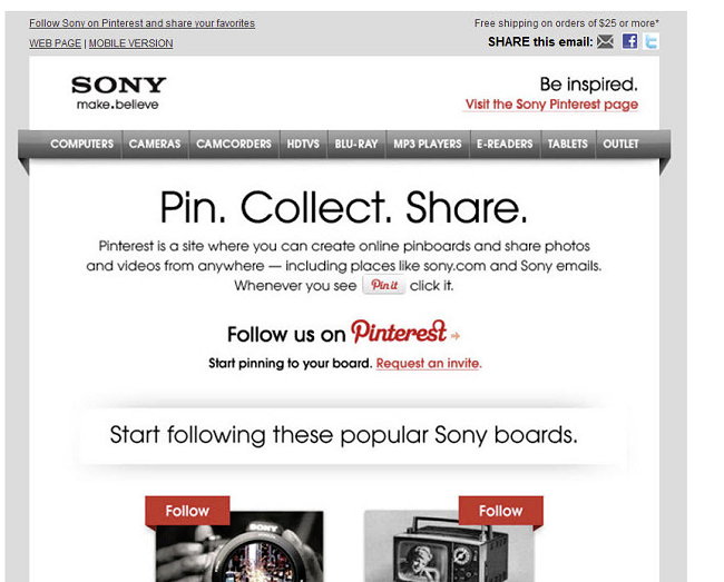 An example of how Sony incorporates Pins into their email marketing
