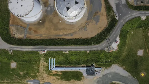 Fuel holding tanks are seen in an overhead view
