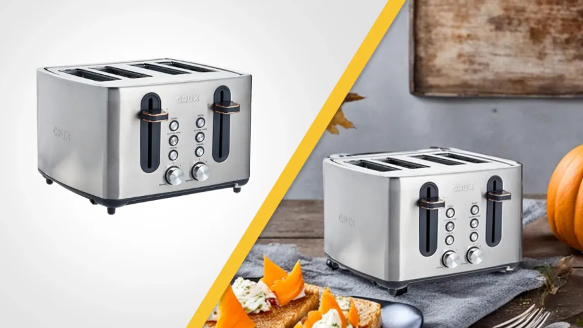 Side-by-side shots of a toaster product ad, with the one on the right sitting on kitchen table with fall decor