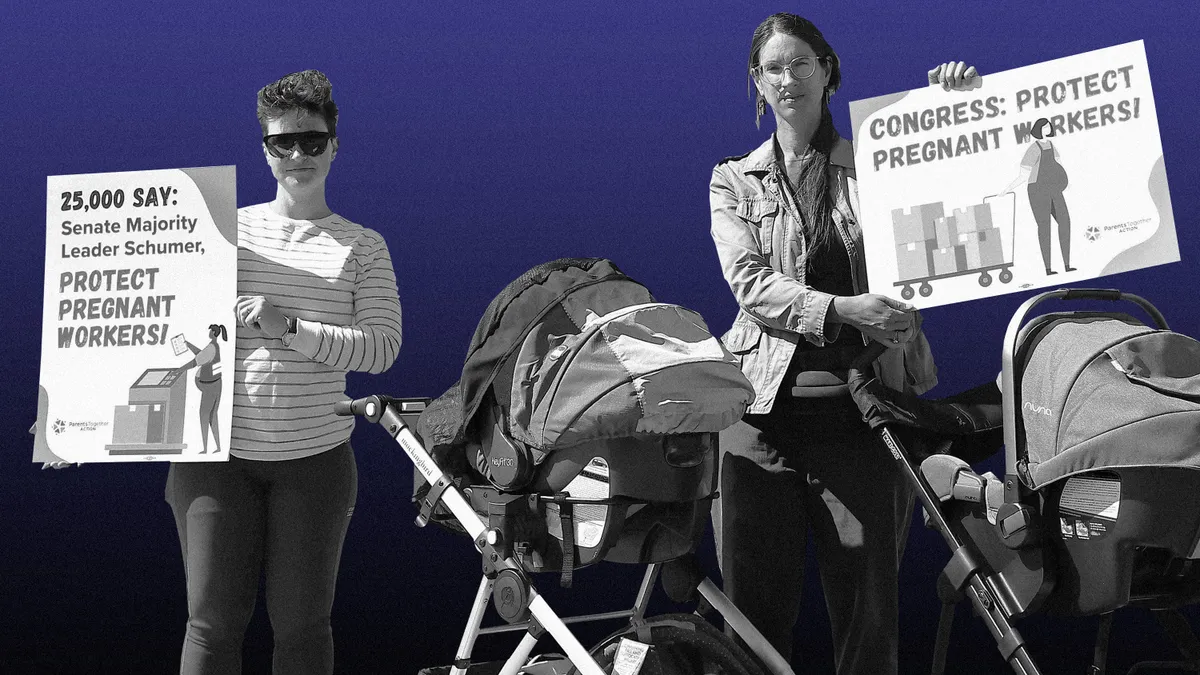 Two people hold signs that read, "Congress: protect pregnant workers!" and, "250,000 say: senate majority leader Schumer, protect pregnant workers!".