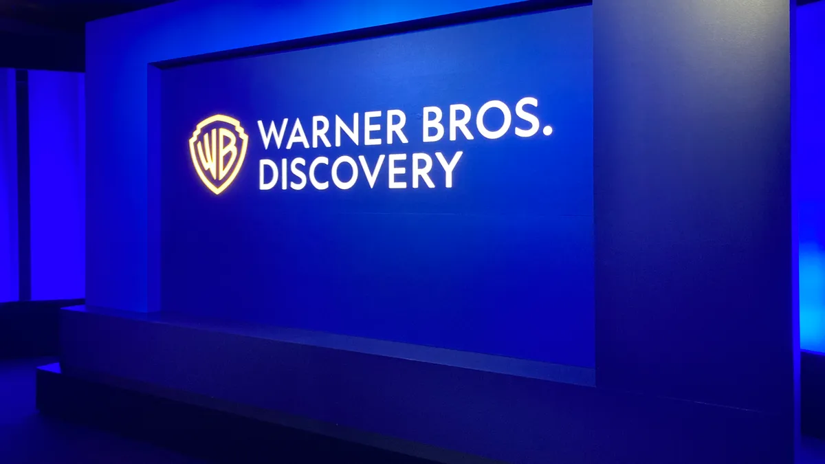 Warner Bros. Discovery sign at upfront presentation in 2022