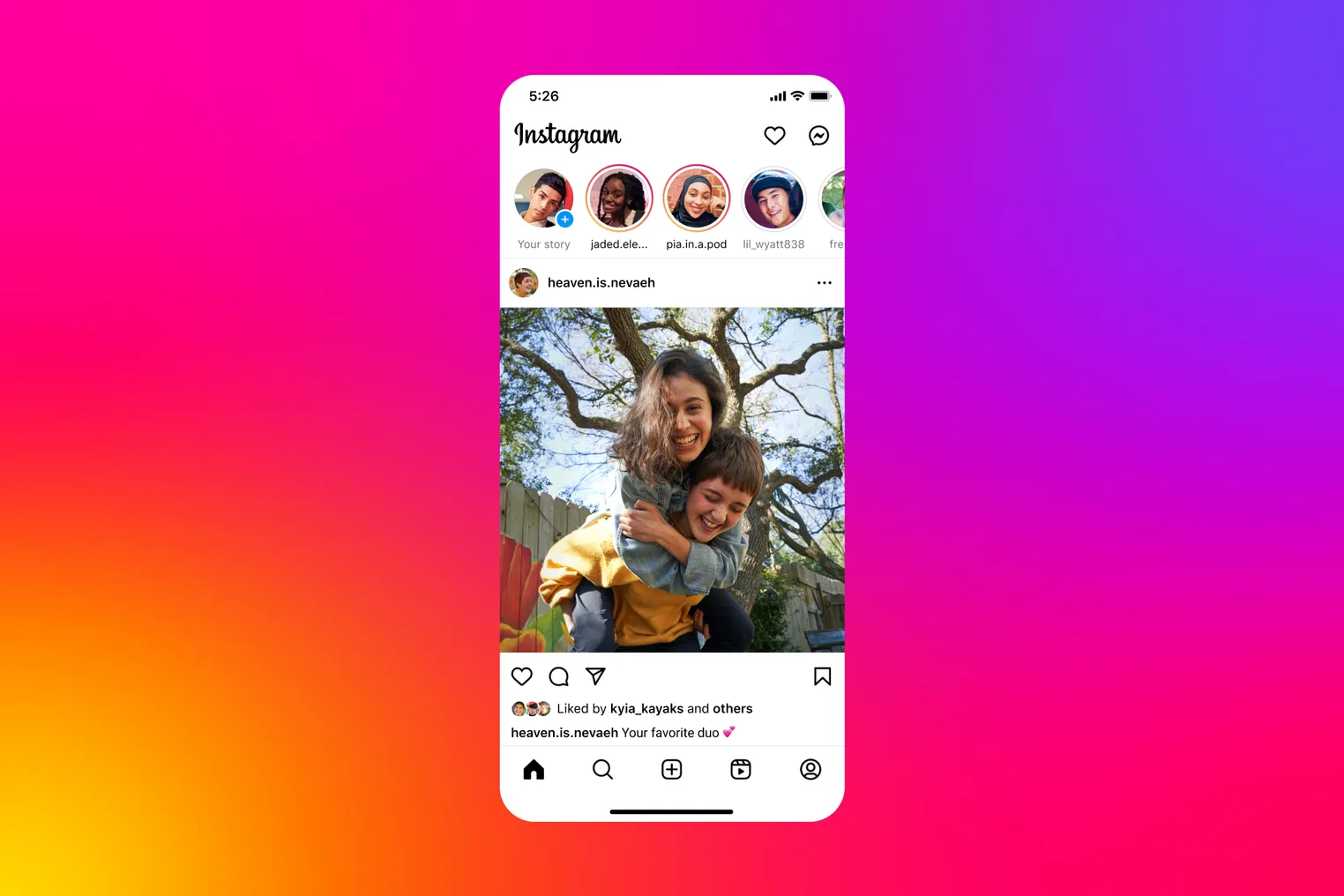 Screenshot of Instagram's new navigation home page