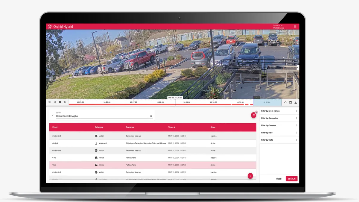 Pictured here is IPConfigure's Video Security tool for buildings, available via secure software installed on either a laptop or mobile device. The example shown is a MacBook display of the platform.