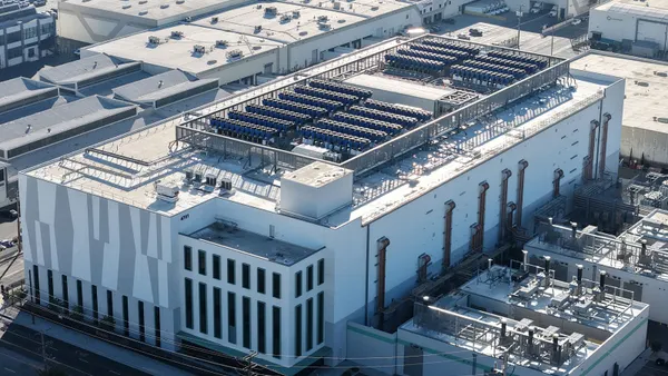 An industrial building in a city.