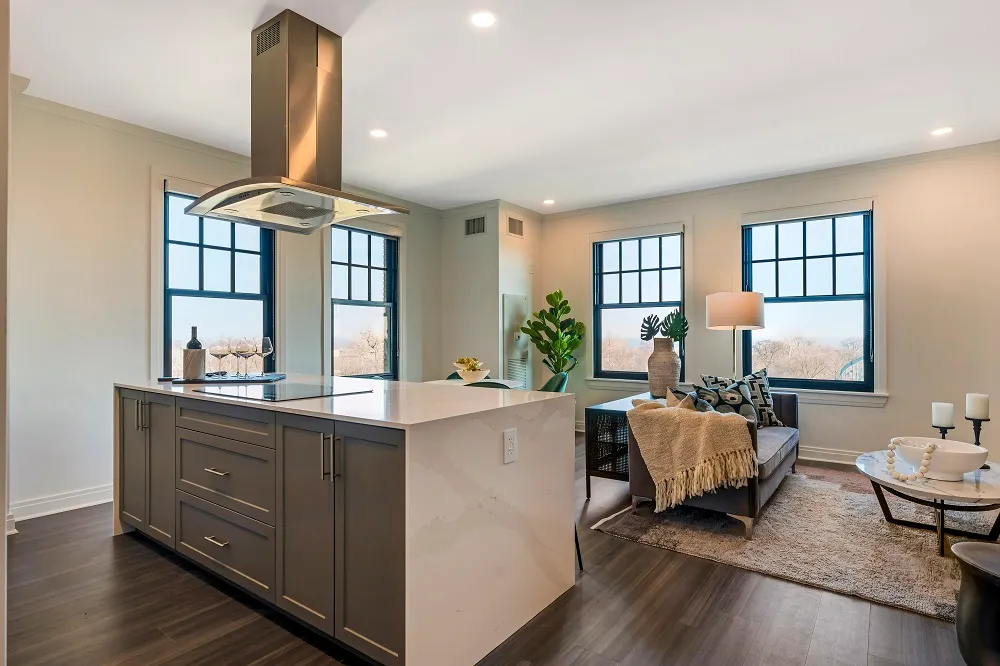 A modern-style apartment kitchen.