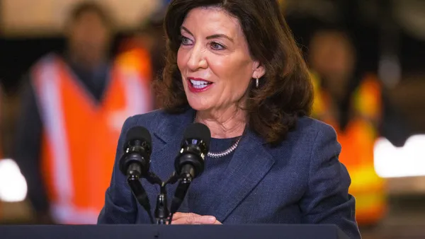 New York Gov. Kathy Hochul gives a speech on the Hudson River tunnel project at the West Side Yard on January 31, 2023 in New York City.