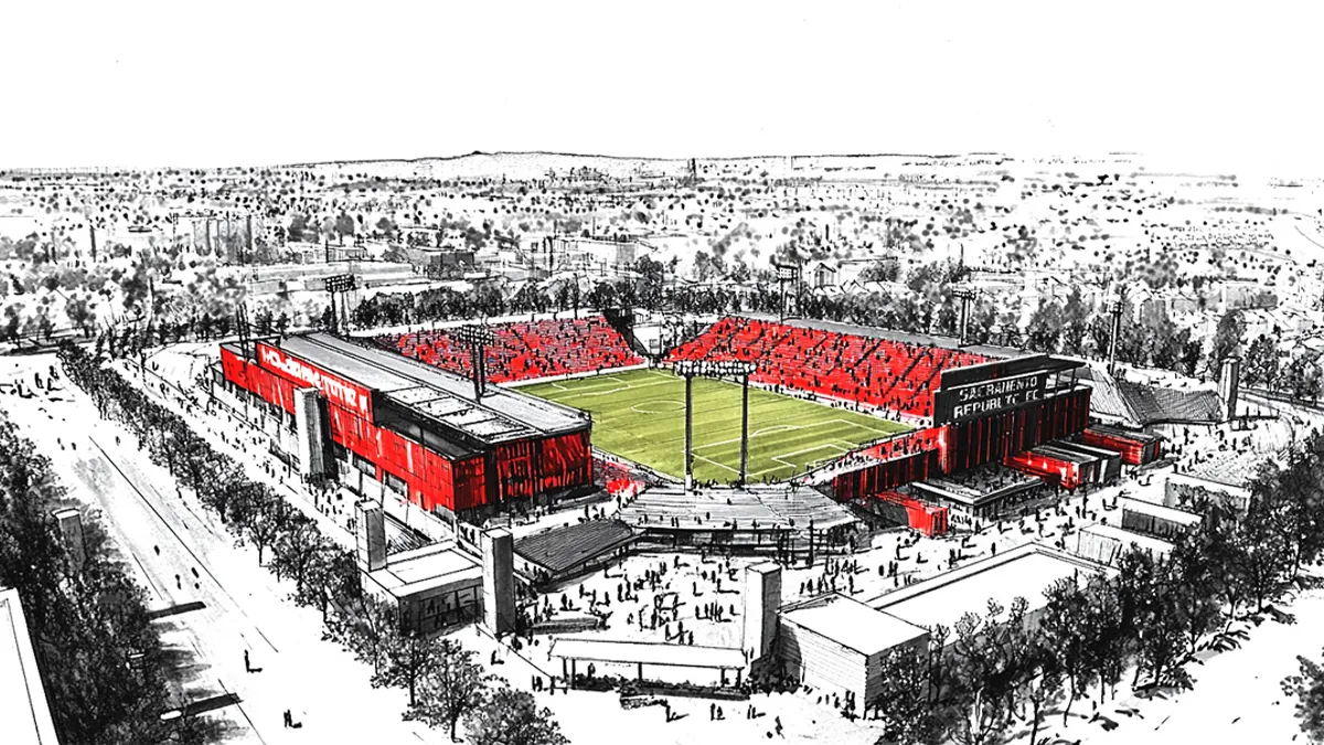 A drawing depicts Sacramento Repbulic FC's future stadium in Sacramento, Calif.