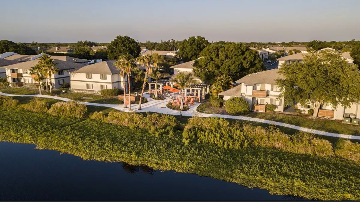Aerial picture of apartments along a body of water