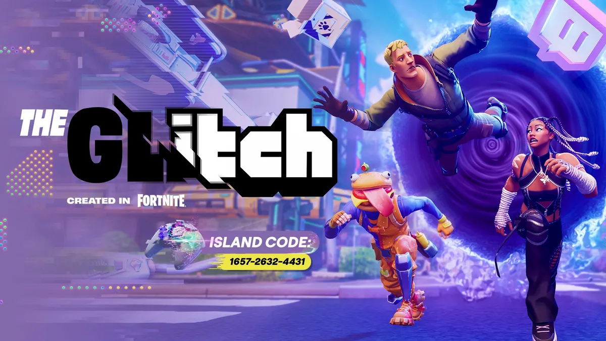 A trio of Fortnite characters run out of a swirling purple portal as part of Twitch's The Glitch.