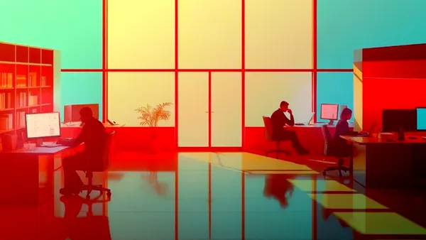 A modern office space with several people working at their desks.