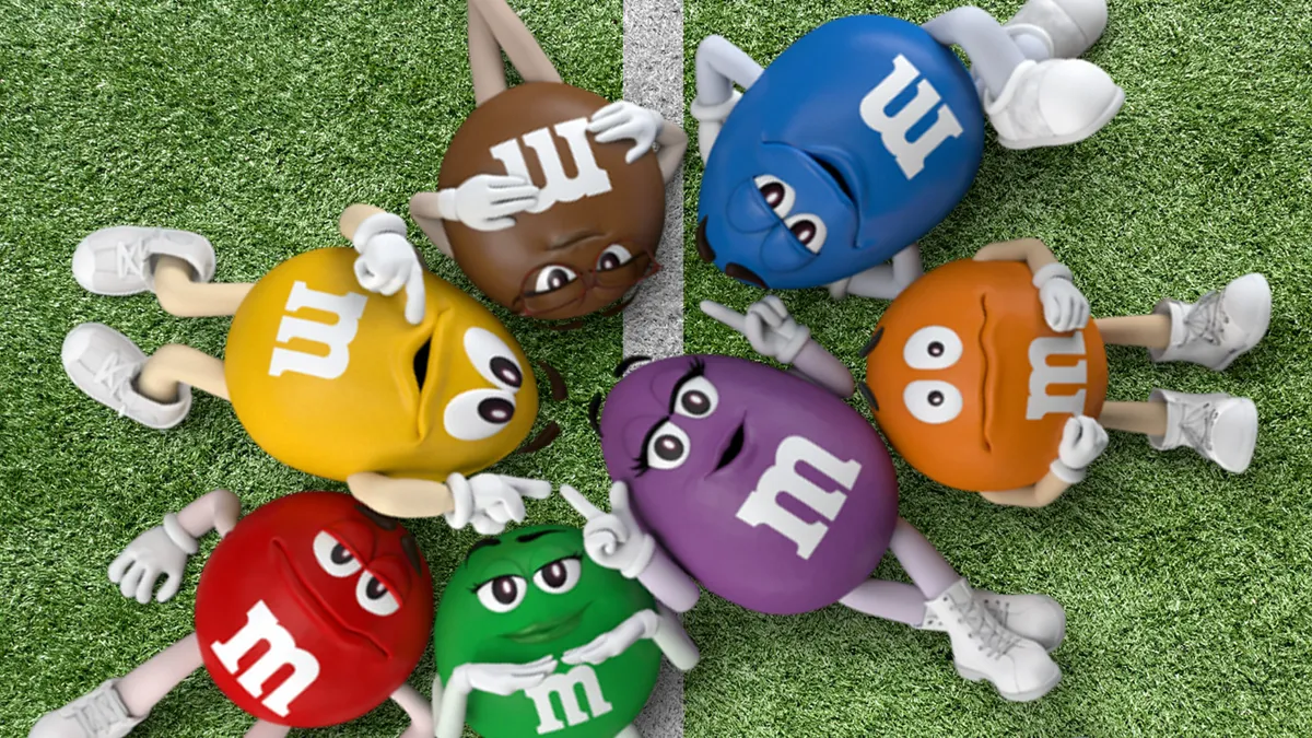 M&M's spokecandies on a football field