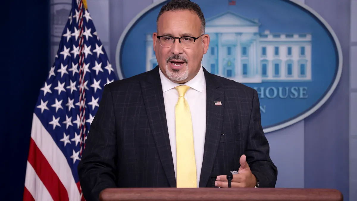 WASHINGTON, DC - AUGUST 05: Secretary of Education Dr. Miguel Cardona answers questions during the daily briefing at the White House August 5, 2021 in Washington, DC.