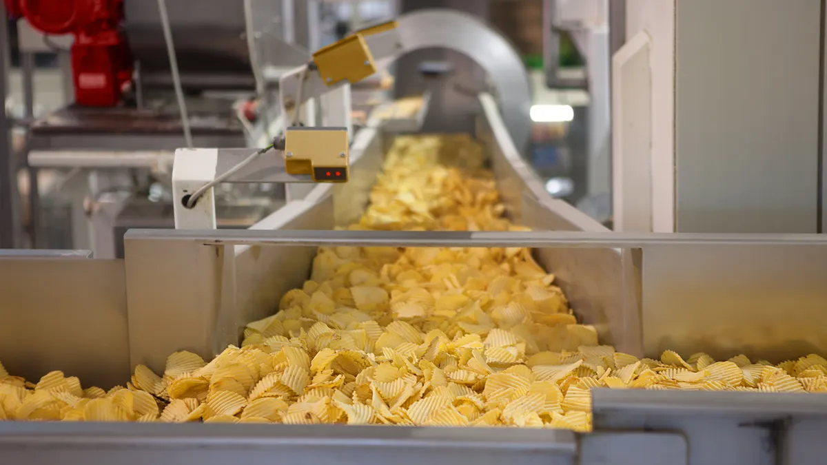 Potato chips on a manufacturing conveyor belt in a factory.