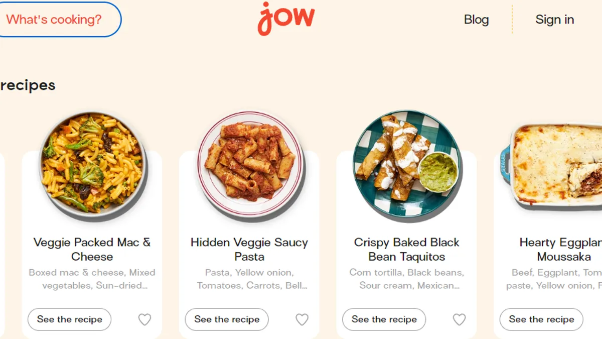 Screenshot of Jow's shoppable recipe website.