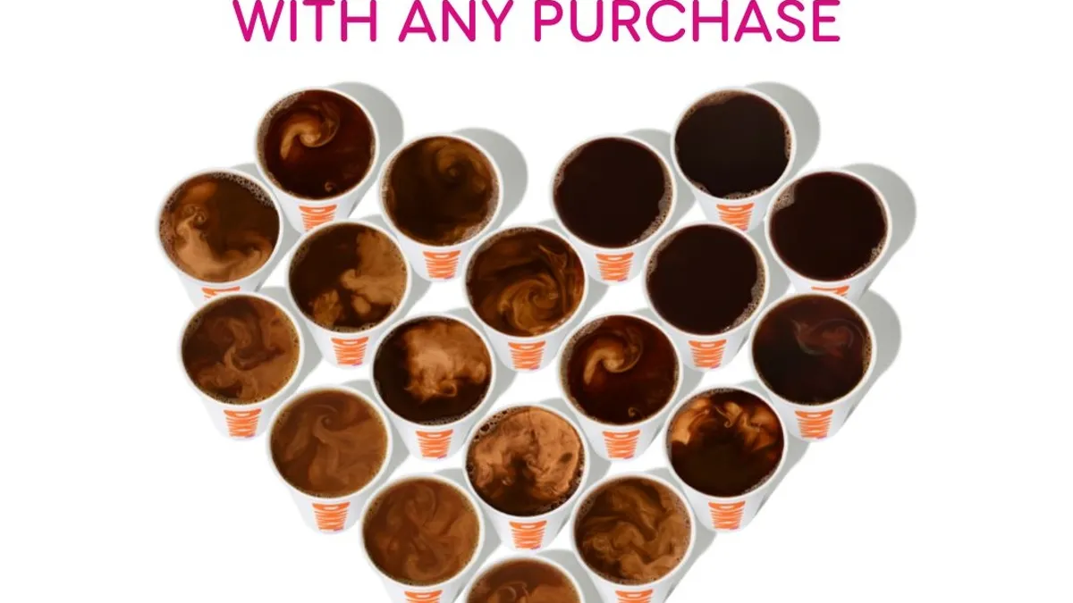 A promotional image for Dunkin's old loyalty program, DD Perks, illustrating that program's coffee-centric offerings.