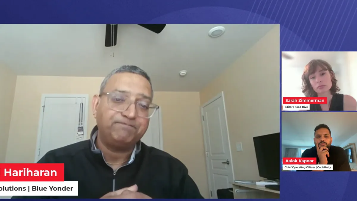 Three people on the screen have a virtual conversation.