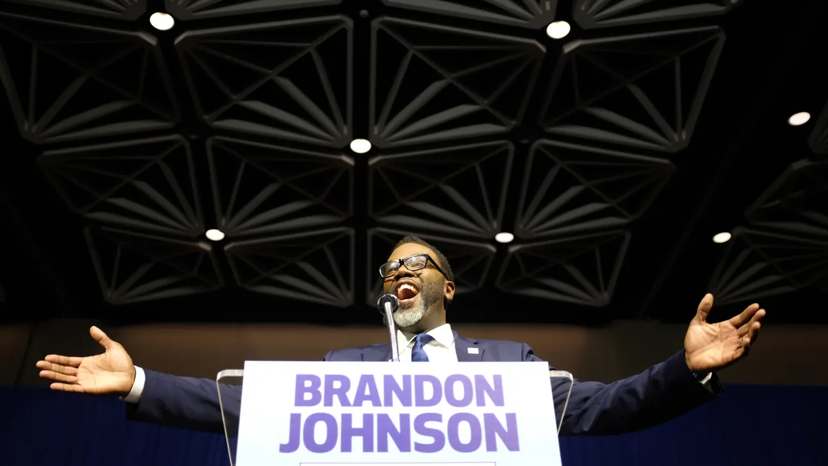 Brandon Johnson speaks at an event celebrating his election as Mayor of Chicago.