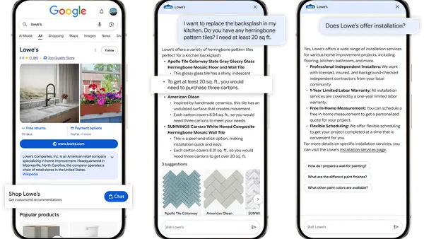 A chatbot built with Google's Business agent tools answers questions about Lowe's.