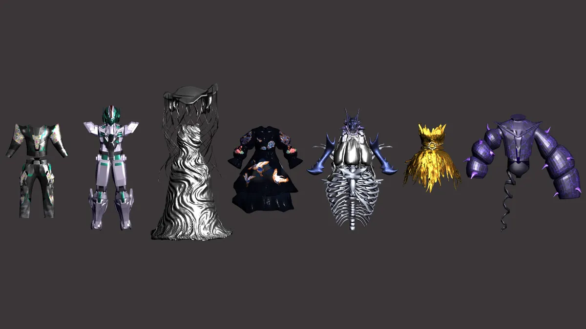 Seven armor-like  digital outfits designed for avatars to wear against a grey background.