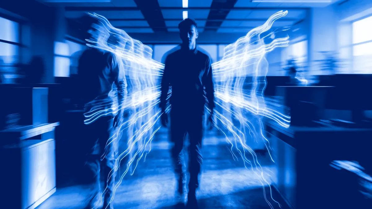 Abstract digital figures walking through a blue office.