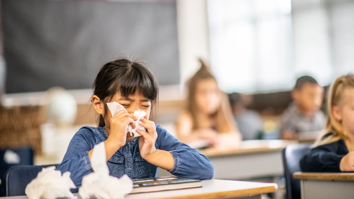 A student sits at a stand alone desk in a classroom with other students. The student has a tissue to their face and tissues and a book is on the desktop.