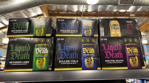 Cases of Liquid Death-branded drinks at a BevMo store on July 18, 2025 in San Rafael, California.