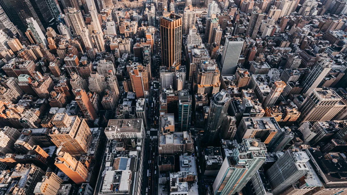 Aerial shot of buildings in dense urban setting