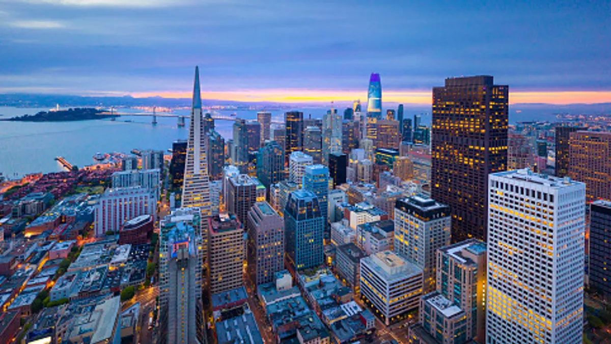 Aerial View of San Francisco Skyline at Sunrise, California, USA