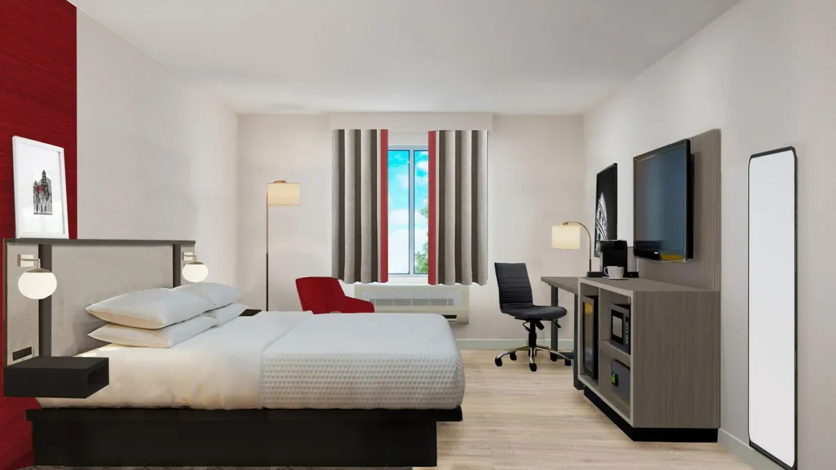 A rendering of a hotel room