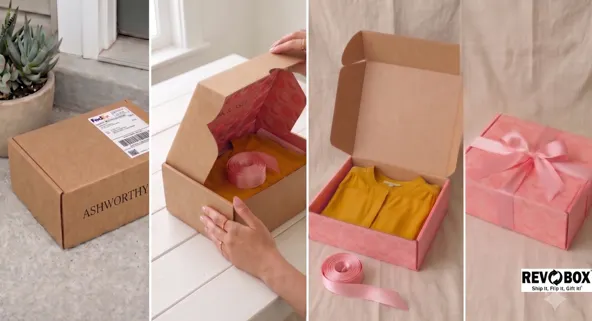 Four photos next to each other show the progression of a user turning a shipping box inside out and using it as a gift box.