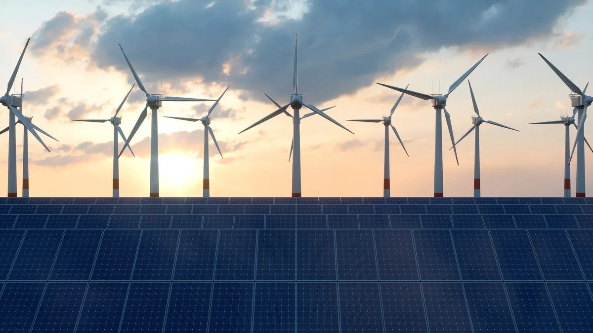 Wind mills and solar panels.