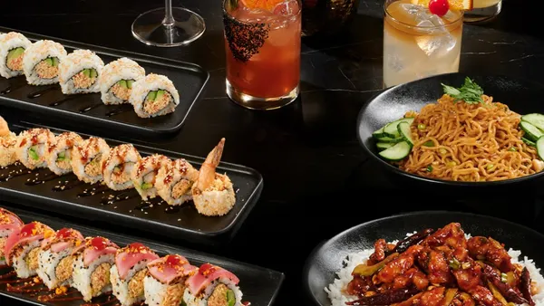 A photo of various cocktails, sushi and entrees from P.F. Chang's