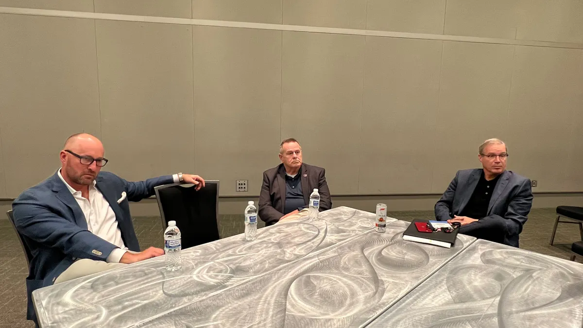 ATA Chairman Andrew Boyle, First Vice Chairman Dennis Dillinger and President and CEO Chris Spear speak to the trade press in a conference room at the end of ATA MCE 2023.